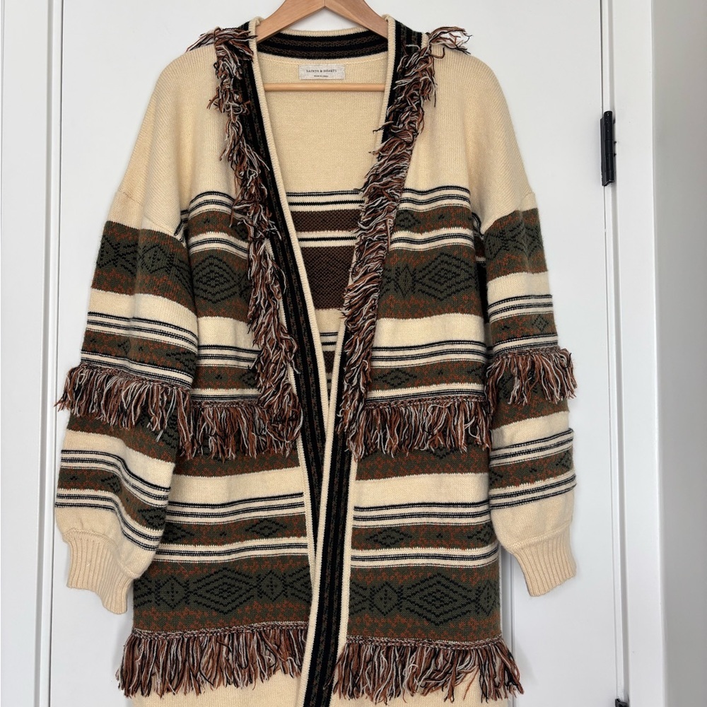 Saints & Hearts Southwestern Fringe Brown Cream Cardigan Duster Boho Aztec M/L - Picture 2 of 9